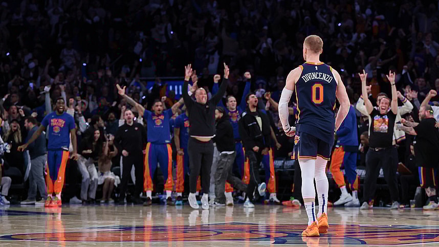 New York Knicks guard Donte DiVincenzo (0) reacts after making a three point basket during the fourth quarter during game two of the first round for the 2024 NBA playoffs against the Philadelphia 76ers at Madison Square Garden