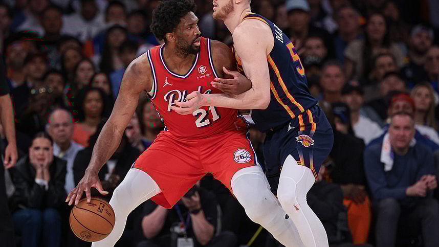 Philadelphia 76ers center Joel Embiid (21) is defended by New York Knicks center Isaiah Hartenstein (55) during the second half during game two of the first round for the 2024 NBA playoffs at Madison Square Garden