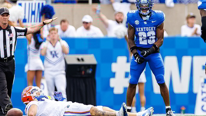 Sep 30, 2023; Lexington, Kentucky, USA; Kentucky Wildcats defensive back Andru Phillips (23) (New York Giants) celebrates an incomplete pass intended for Florida Gators wide receiver Ricky Pearsall (1) during the second quarter at Kroger Field. Mandatory Credit: Jordan Prather-USA TODAY Sports, new york giants