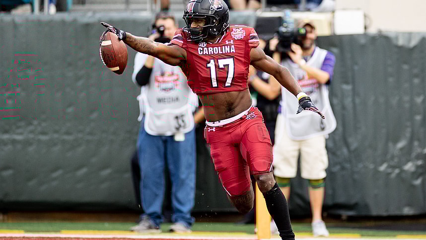 South Carolina Gamecocks wide receiver Xavier Legette (17)(New York Giants prospect) celebrates after scoring a touchdown during the first half against the Notre Dame Fighting Irish in the 2022 Gator Bowl at TIAA Bank Field