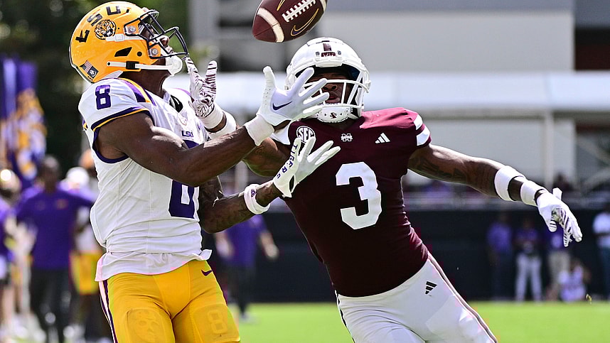 Sep 16, 2023; Starkville, Mississippi, USA; LSU Tigers wide receiver Malik Nabers (8) makes a reception while defended by Mississippi State Bulldogs cornerback Decamerion Richardson (3) on a play that would result in a touchdown during the fourth quarter at Davis Wade Stadium at Scott Field. Mandatory Credit: Matt Bush-USA TODAY Sports