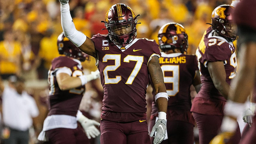 Aug 31, 2023; Minneapolis, Minnesota, USA; Minnesota Golden Gophers defensive back Tyler Nubin (New York Giants) (27) celebrates a stop against the Nebraska Cornhuskers during the fourth quarter at Huntington Bank Stadium. Mandatory Credit: Matt Krohn-USA TODAY Sports