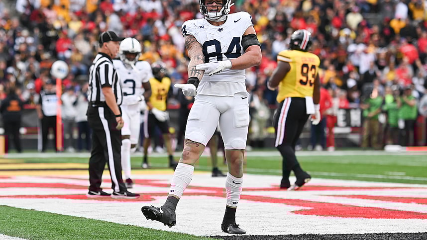 Nov 4, 2023; College Park, Maryland, USA;  Penn State Nittany Lions tight end Theo Johnson (New York Giants) (84) reacts after catching a shovel pass for a touchdown during the first half against the Maryland Terrapins at SECU Stadium. Mandatory Credit: Tommy Gilligan-USA TODAY Sports
