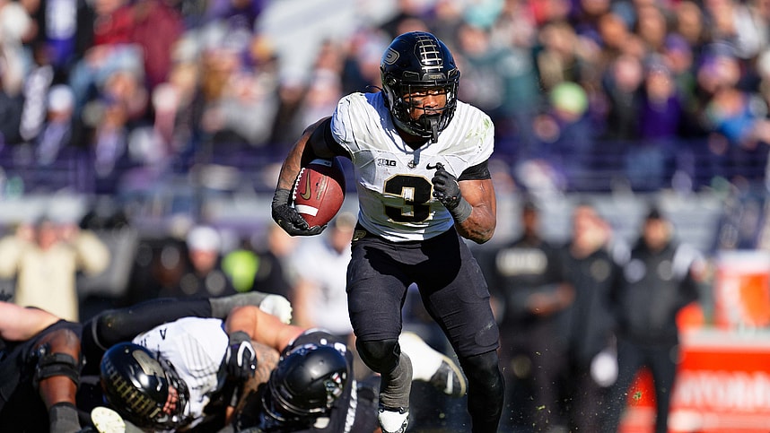 Nov 18, 2023; Evanston, Illinois, USA; Purdue Boilermakers running back Tyrone Tracy Jr. (New York Giants) (3) runs with the ball against the Northwestern Wildcats at Ryan Field. Mandatory Credit: Jamie Sabau-USA TODAY Sports