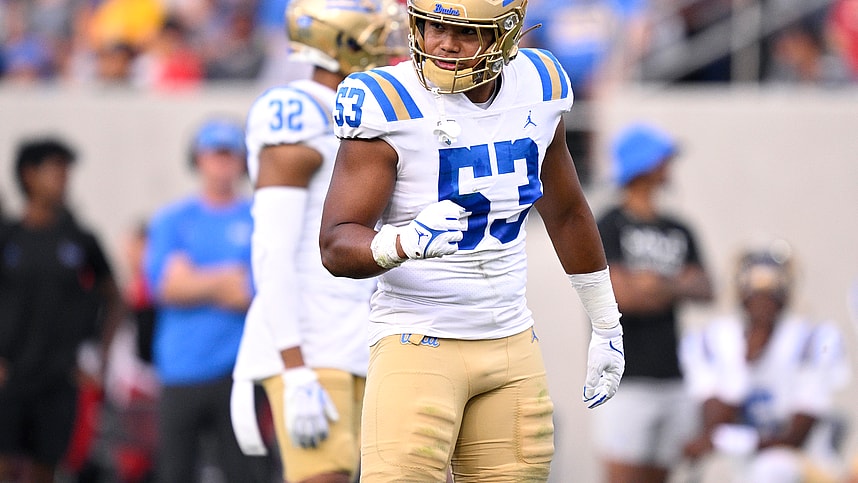 Sep 9, 2023; San Diego, California, USA; UCLA Bruins linebacker Darius Muasau (New York Giants) (53) reacts against the San Diego State Aztecs during the first half at Snapdragon Stadium. Mandatory Credit: Orlando Ramirez-USA TODAY Sports