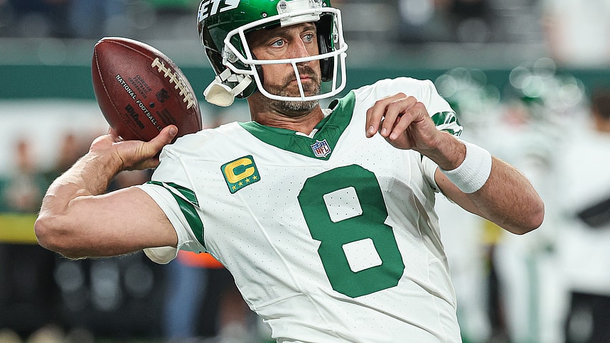 Sep 11, 2023; East Rutherford, New Jersey, USA; New York Jets quarterback Aaron Rodgers (8) warms up before the game against the Buffalo Bills at MetLife Stadium. Mandatory Credit: Vincent Carchietta-USA TODAY Sports