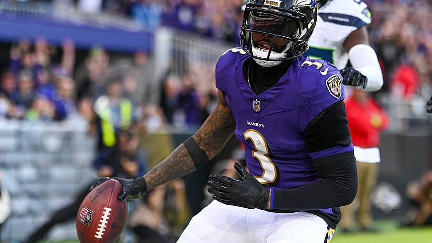 Nov 5, 2023; Baltimore, Maryland, USA; Baltimore Ravens wide receiver Odell Beckham Jr. (3)(New York Jets free agency target) reacts after catching a fourth quarter touchdown against the Seattle Seahawks at M&T Bank Stadium. Mandatory Credit: Tommy Gilligan-USA TODAY Sports