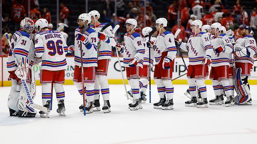 Apr 26, 2024; Washington, District of Columbia, USA; New York Rangers goaltender Igor Shesterkin (31) celebrates with teammates after their game against the Washington Capitals in game three of the first round of the 2024 Stanley Cup Playoffs at Capital One Arena. Mandatory Credit: Geoff Burke-USA TODAY Sports