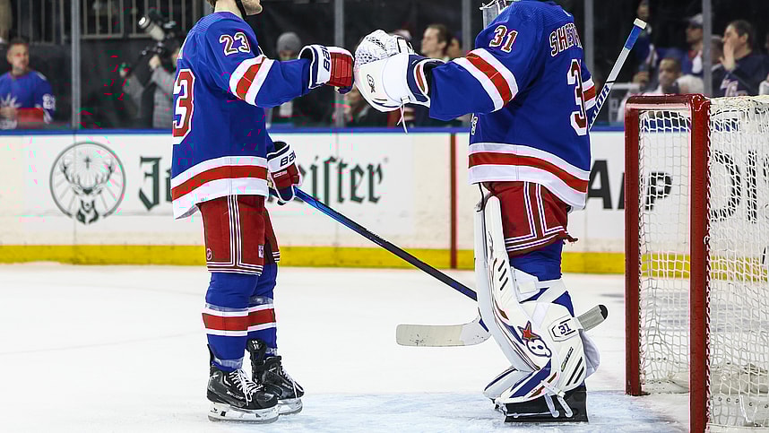 Apr 21, 2024; New York, New York, USA; New York Rangers defenseman Adam Fox (23) and goaltender Igor Shesterkin (31) congratulate each other after defeating the Washington Capitals 4-1 in game one of the first round of the 2024 Stanley Cup Playoffs at Madison Square Garden. Mandatory Credit: Wendell Cruz-USA TODAY Sports