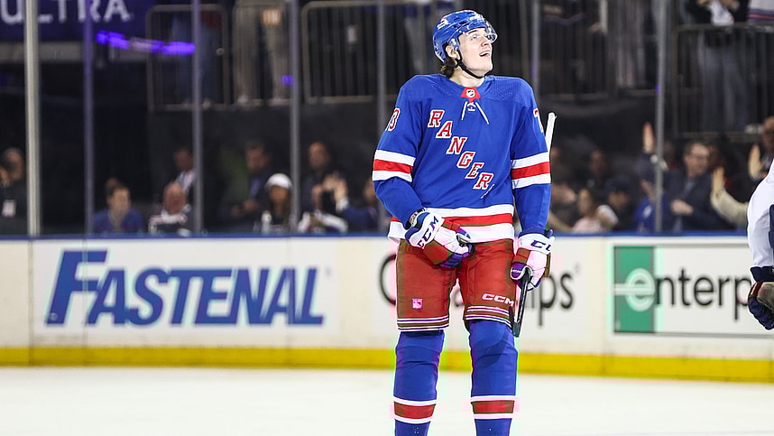 New York Rangers center Matt Rempe (73) looks at the scoreboard after scoring a goal in the second period against the Washington Capitals in game one of the first round of the 2024 Stanley Cup Playoffs at Madison Square Garden