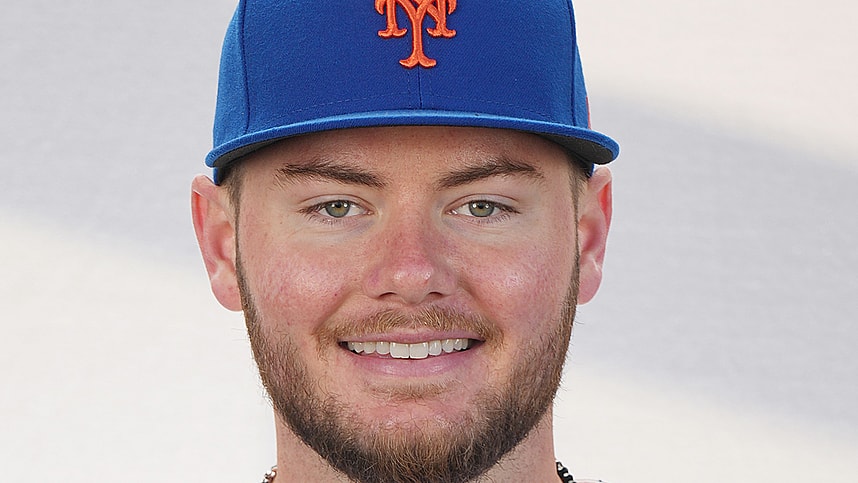 Feb 22, 2024; Port St. Lucie, FL, USA;  New York Mets pitcher Christian Scott (96) poses for a photo during media day. Mandatory Credit: Jim Rassol-USA TODAY Sports