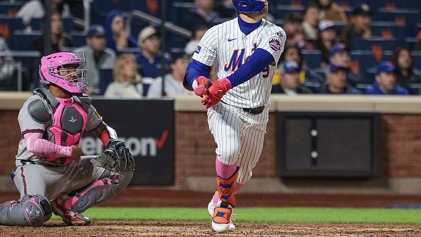 May 12, 2024; New York City, New York, USA; New York Mets left fielder Brandon Nimmo (9) hits a walk-off two run home run during the ninth inning against the Atlanta Braves at Citi Field. Mandatory Credit: Vincent Carchietta-USA TODAY Sports