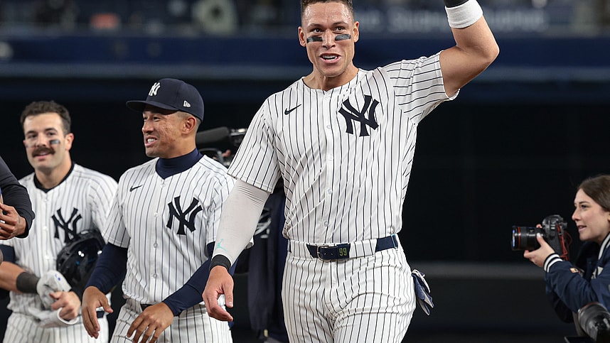 May 3, 2024; Bronx, New York, USA; New York Yankees center fielder Aaron Judge (99) gestures to fans after the Yankees defeated the Detroit Tigers at Yankee Stadium. Mandatory Credit: Vincent Carchietta-USA TODAY Sports
