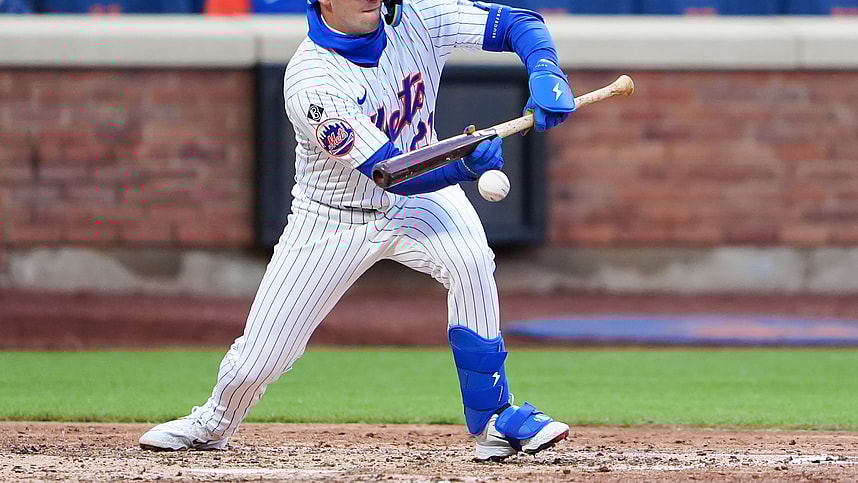 Apr 4, 2024; New York City, New York, USA; New York Mets third baseman Zack Short (21) lays down a sacrifice bunt against the Detroit Tigers during the eighth inning at Citi Field. Mandatory Credit: Gregory Fisher-USA TODAY Sports
