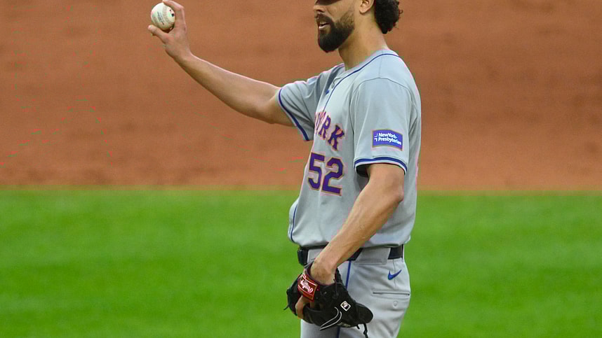 May 20, 2024; Cleveland, Ohio, USA; New York Mets relief pitcher Jorge Lopez (52) stands on the mound in the eighth inning against the Cleveland Guardians at Progressive Field. Mandatory Credit: David Richard-USA TODAY Sports