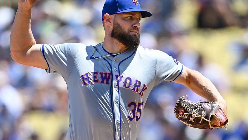 Apr 21, 2024; Los Angeles, California, USA; New York Mets pitcher Adrian Houser (35) throws a pitch against the Los Angeles Dodgers during the first inning at Dodger Stadium. Mandatory Credit: Jonathan Hui-USA TODAY Sports