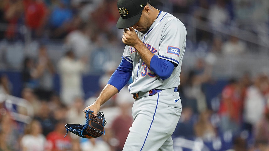 May 18, 2024; Miami, Florida, USA; New York Mets relief pitcher Edwin Diaz (39) reacts as he leaves the mound after giving up four runs against the Miami Marlins in the ninth inning at loanDepot Park. Mandatory Credit: Rhona Wise-USA TODAY Sports