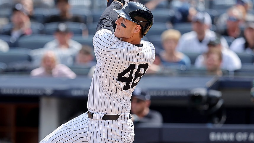 May 23, 2024; Bronx, New York, USA; New York Yankees first baseman Anthony Rizzo (48) follows through on an RBI sacrifice fly against the Seattle Mariners during the seventh inning at Yankee Stadium. Mandatory Credit: Brad Penner-USA TODAY Sports