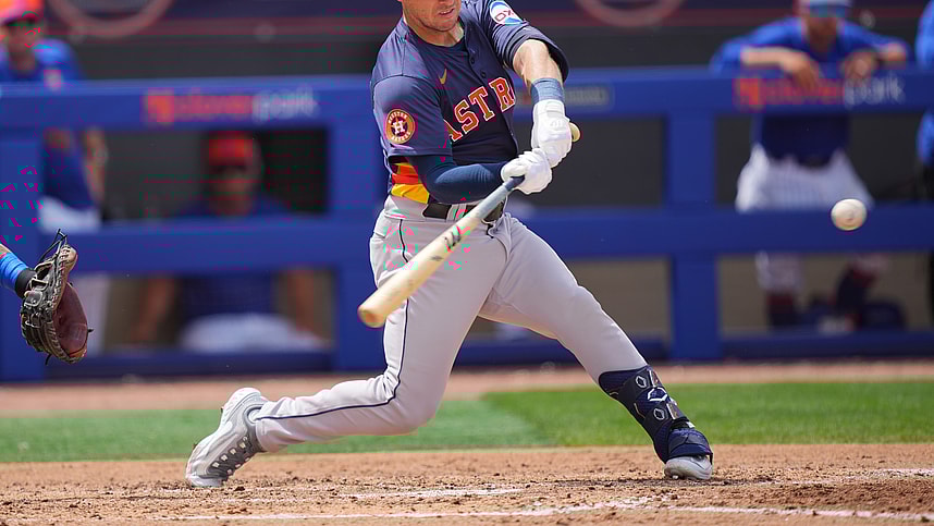 Mar 23, 2024; Port St. Lucie, Florida, USA;  Houston Astros third baseman Alex Bregman (2) hits his second three-run home run of the game against the New York Mets in the fifth inning at Clover Park. Mandatory Credit: Jim Rassol-USA TODAY Sports