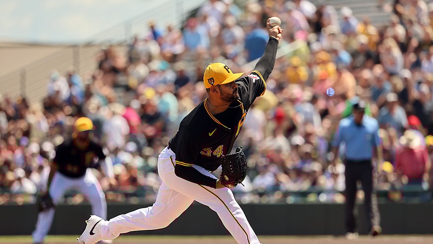 Mar 24, 2024; Bradenton, Florida, USA; Pittsburgh Pirates starting pitcher Martin Perez (54) throws a pitch during the first inning against the New York Yankees at LECOM Park. Mandatory Credit: Kim Klement Neitzel-USA TODAY Sports