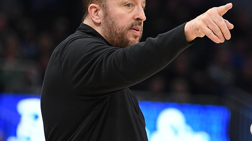 Dec 5, 2023; Milwaukee, Wisconsin, USA; New York Knicks coach Tom Thibodeau gestures towards New York Knicks guard Josh Hart (3) on the sideline against the Milwaukee Bucks in the first half at Fiserv Forum. Mandatory Credit: Michael McLoone-USA TODAY Sports
