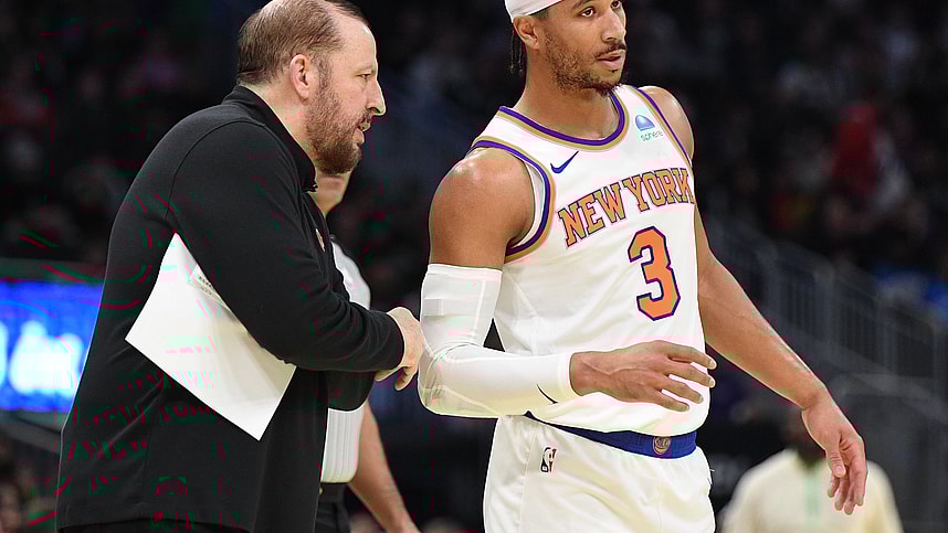 Dec 5, 2023; Milwaukee, Wisconsin, USA; New York Knicks coach Tom Thibodeau talks with New York Knicks guard Josh Hart (3) on the sideline against the Milwaukee Bucks in the first half at Fiserv Forum. Mandatory Credit: Michael McLoone-USA TODAY Sports