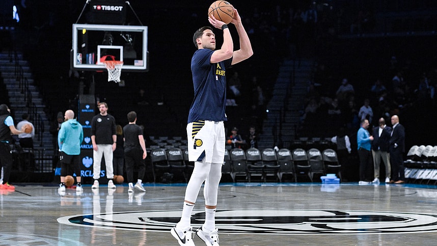 Apr 3, 2024; Brooklyn, New York, USA; Indiana Pacers forward Doug McDermott (20) warms up before a game against the Brooklyn Nets at Barclays Center. Mandatory Credit: John Jones-USA TODAY Sports