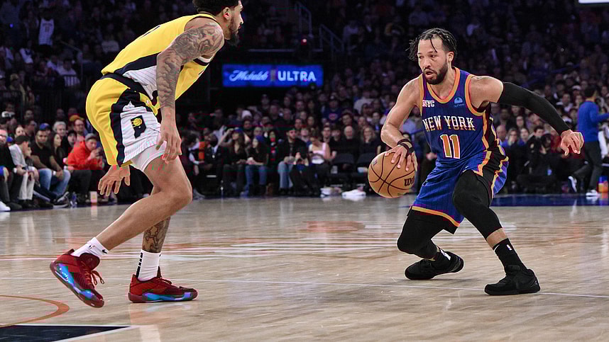 Feb 10, 2024; New York, New York, USA; New York Knicks guard Jalen Brunson (11) makes a move against Indiana Pacers forward Obi Toppin (1) during the third quarter at Madison Square Garden. Mandatory Credit: John Jones-USA TODAY Sports