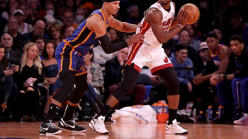 Nov 24, 2023; New York, New York, USA; Miami Heat forward Jimmy Butler (22) controls the ball against New York Knicks guard Josh Hart (3) during the third quarter at Madison Square Garden. Mandatory Credit: Brad Penner-USA TODAY Sports