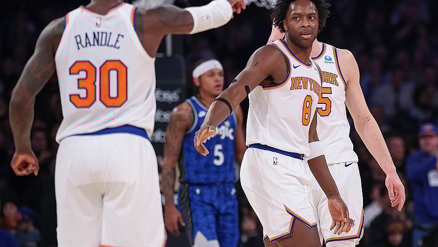 Jan 15, 2024; New York, New York, USA; New York Knicks forward OG Anunoby (8) celebrates with forward Julius Randle (30) after a basket against the Orlando Magic during the first half at Madison Square Garden. Mandatory Credit: Vincent Carchietta-USA TODAY Sports