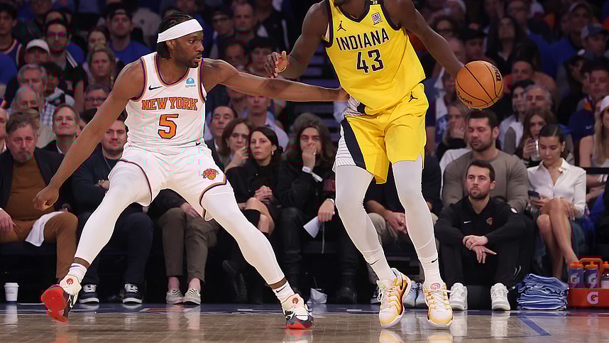May 6, 2024; New York, New York, USA; Indiana Pacers forward Pascal Siakam (43) controls the ball against New York Knicks forward Precious Achiuwa (5) during the second quarter of game one of the second round of the 2024 NBA playoffs at Madison Square Garden. Mandatory Credit: Brad Penner-USA TODAY Sports