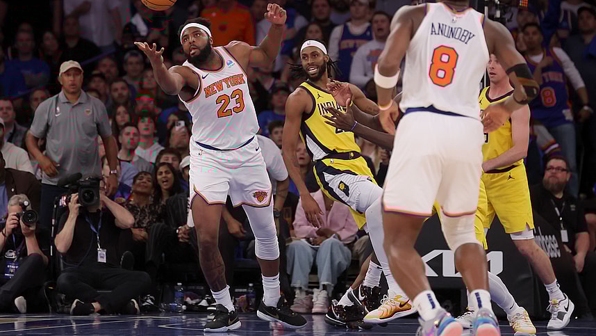 May 6, 2024; New York, New York, USA; New York Knicks center Mitchell Robinson (23) grabs a rebound against Indiana Pacers forward Isaiah Jackson (22) during the fourth quarter of game one of the second round of the 2024 NBA playoffs at Madison Square Garden. Mandatory Credit: Brad Penner-USA TODAY Sports