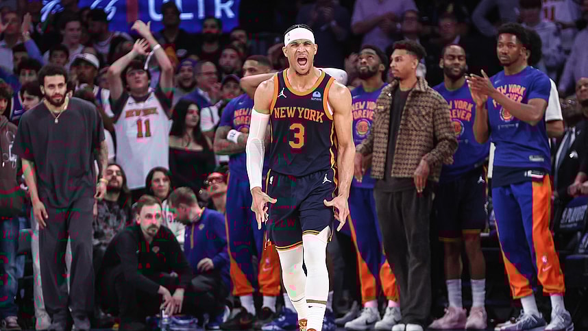 May 8, 2024; New York, New York, USA; New York Knicks guard Josh Hart (3) celebrates in the fourth quarter against the Indiana Pacers during game two of the second round for the 2024 NBA playoffs at Madison Square Garden. Mandatory Credit: Wendell Cruz-USA TODAY Sports