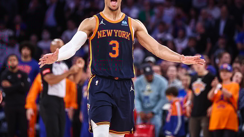May 8, 2024; New York, New York, USA; New York Knicks guard Josh Hart (3) celebrates in the fourth quarter against the Indiana Pacers during game two of the second round for the 2024 NBA playoffs at Madison Square Garden. Mandatory Credit: Wendell Cruz-USA TODAY Sports