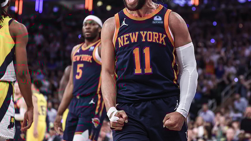 May 8, 2024; New York, New York, USA; New York Knicks guard Jalen Brunson (11) celebrates in the fourth quarter after scoring against the Indiana Pacers during game two of the second round for the 2024 NBA playoffs at Madison Square Garden. Mandatory Credit: Wendell Cruz-USA TODAY Sports