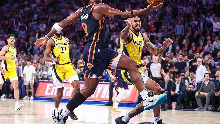 May 8, 2024; New York, New York, USA; New York Knicks forward OG Anunoby (8) drives past Indiana Pacers forward Obi Toppin (1) in the third quarter during game two of the second round for the 2024 NBA playoffs at Madison Square Garden. Mandatory Credit: Wendell Cruz-USA TODAY Sports