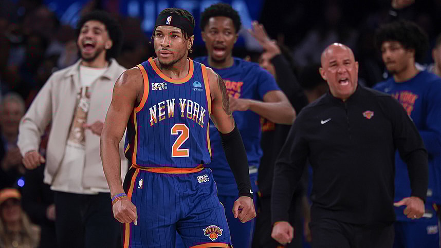 May 14, 2024; New York, New York, USA; New York Knicks guard Miles McBride (2) reacts after a basket during the first half during game five of the second round for the 2024 NBA playoffs against the Indiana Pacers at Madison Square Garden. Mandatory Credit: Vincent Carchietta-USA TODAY Sports
