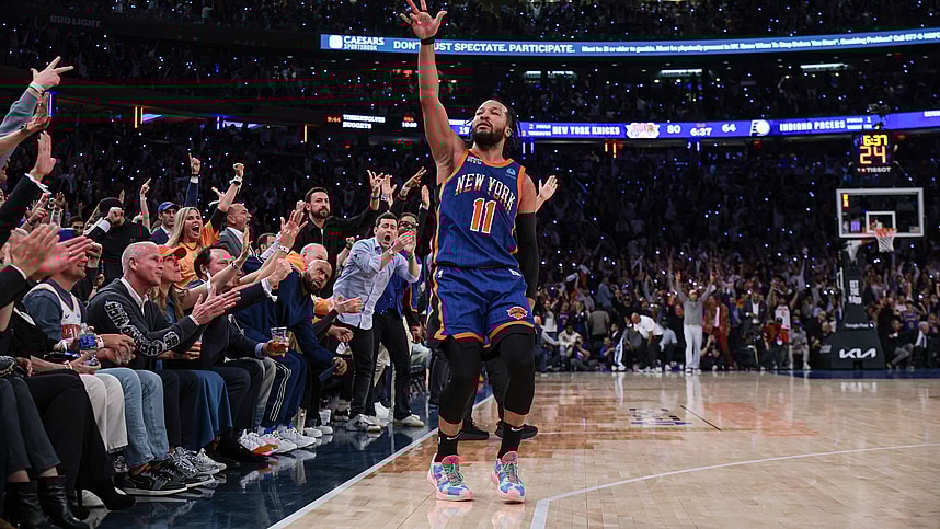 May 14, 2024; New York, New York, USA; New York Knicks guard Jalen Brunson (11) reacts after making a three point basket during the second half during game five of the second round for the 2024 NBA playoffs against the Indiana Pacers at Madison Square Garden. Mandatory Credit: Vincent Carchietta-USA TODAY Sports