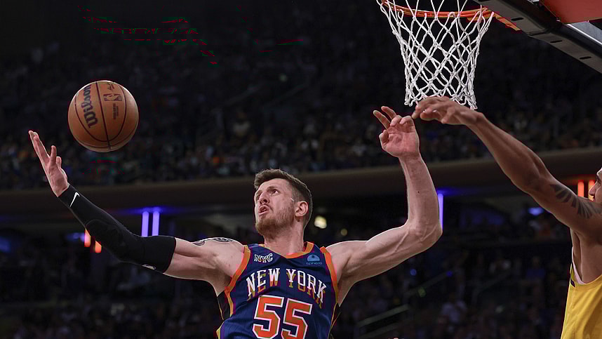 May 14, 2024; New York, New York, USA; New York Knicks center Isaiah Hartenstein (55) rebounds against Indiana Pacers forward Obi Toppin (1) during the second half during game five of the second round for the 2024 NBA playoffs at Madison Square Garden. Mandatory Credit: Vincent Carchietta-USA TODAY Sports