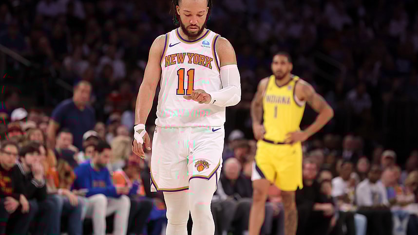 May 19, 2024; New York, New York, USA; New York Knicks guard Jalen Brunson (11) flexes his left hand during the third quarter of game seven of the second round of the 2024 NBA playoffs against the Indiana Pacers at Madison Square Garden. Mandatory Credit: Brad Penner-USA TODAY Sports