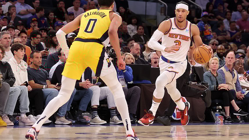 May 19, 2024; New York, New York, USA; New York Knicks guard Josh Hart (3) brings the ball up court against Indiana Pacers guard Tyrese Haliburton (0) during the fourth quarter of game seven of the second round of the 2024 NBA playoffs at Madison Square Garden. Mandatory Credit: Brad Penner-USA TODAY Sports