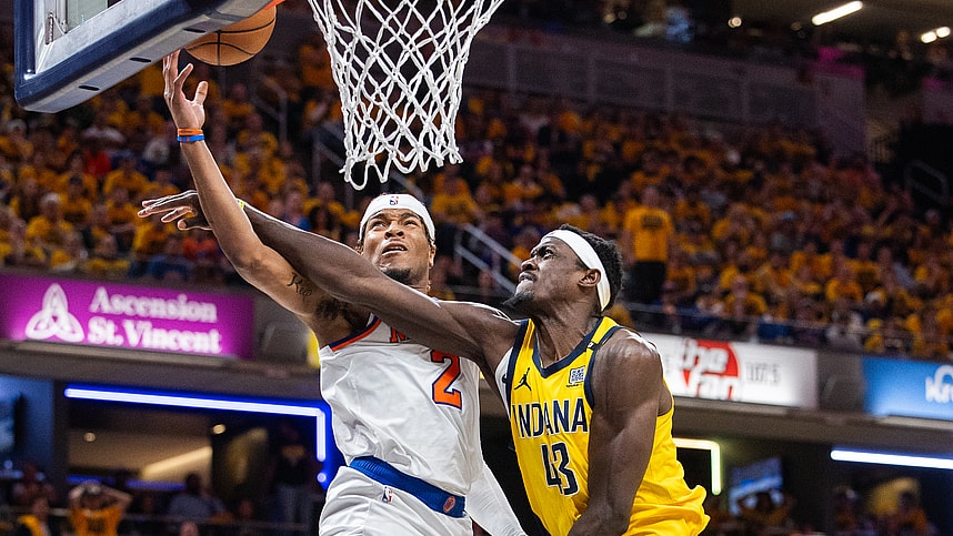 May 10, 2024; Indianapolis, Indiana, USA; New York Knicks guard Miles McBride (2) shoots the ball while Indiana Pacers forward Pascal Siakam (43) defends during game three of the second round for the 2024 NBA playoffs at Gainbridge Fieldhouse. Mandatory Credit: Trevor Ruszkowski-USA TODAY Sports