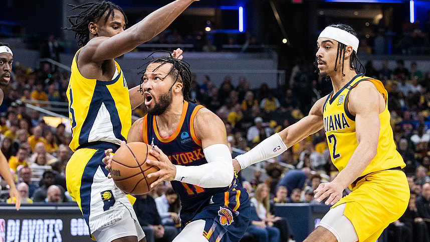 May 12, 2024; Indianapolis, Indiana, USA; New York Knicks guard Jalen Brunson (11) shoots the ball while  Indiana Pacers forward Aaron Nesmith (23) defends during game four of the second round for the 2024 NBA playoffs at Gainbridge Fieldhouse. Mandatory Credit: Trevor Ruszkowski-USA TODAY Sports