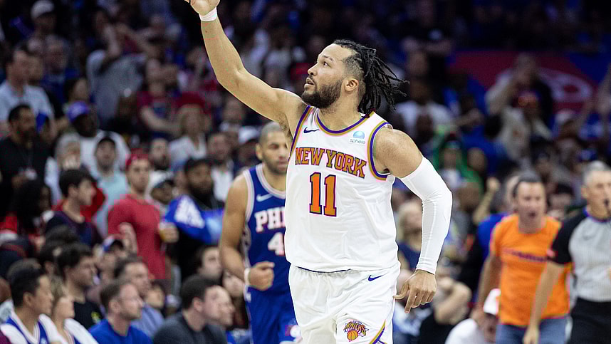 May 2, 2024; Philadelphia, Pennsylvania, USA; New York Knicks guard Jalen Brunson (11) reacts after his three pointer against the Philadelphia 76ers during the second half of game six of the first round for the 2024 NBA playoffs at Wells Fargo Center. Mandatory Credit: Bill Streicher-USA TODAY Sports
