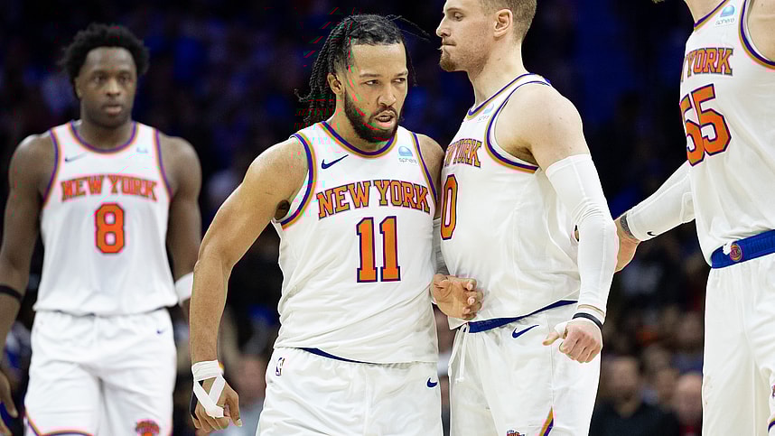 May 2, 2024; Philadelphia, Pennsylvania, USA; New York Knicks guard Jalen Brunson (11) reacts with guard Donte DiVincenzo (0) after scoring against the Philadelphia 76ers during the second half of game six of the first round for the 2024 NBA playoffs at Wells Fargo Center. Mandatory Credit: Bill Streicher-USA TODAY Sports