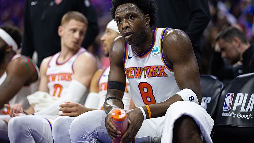 May 2, 2024; Philadelphia, Pennsylvania, USA; New York Knicks forward OG Anunoby (8) looks on from the bench during a timeout in the first half against the Philadelphia 76ers in game six of the first round for the 2024 NBA playoffs at Wells Fargo Center. Mandatory Credit: Bill Streicher-USA TODAY Sports