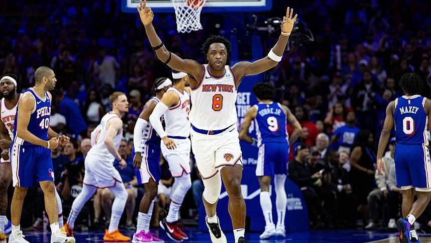 May 2, 2024; Philadelphia, Pennsylvania, USA; New York Knicks forward OG Anunoby (8) reacts to his three pointer against the Philadelphia 76ers during the second half of game six of the first round for the 2024 NBA playoffs at Wells Fargo Center. Mandatory Credit: Bill Streicher-USA TODAY Sports