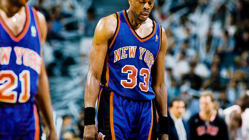 May 18, 1997; Miami, FL; USA; FILE PHOTO; New York Knicks center Patrick Ewing (33) reacts on the court against the Miami Heat during the the first round of the 1997 NBA Playoffs at the Miami Arena. Mandatory Credit: RVR Photos-USA TODAY Sports