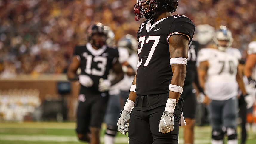 Sep 9, 2023; Minneapolis, Minnesota, USA; Minnesota Golden Gophers defensive back Tyler Nubin (New York Giants) (27) reacts during the second quarter against the Eastern Michigan Eagles at Huntington Bank Stadium. Mandatory Credit: Matt Krohn-USA TODAY Sports