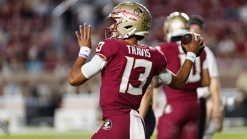 Nov 18, 2023; Tallahassee, Florida, USA; Florida State Seminoles quarterback Jordan Travis (New York Jets) (13) throws a pass during the warm ups against the North Alabama Lions at Doak S. Campbell Stadium. Mandatory Credit: Morgan Tencza-USA TODAY Sports